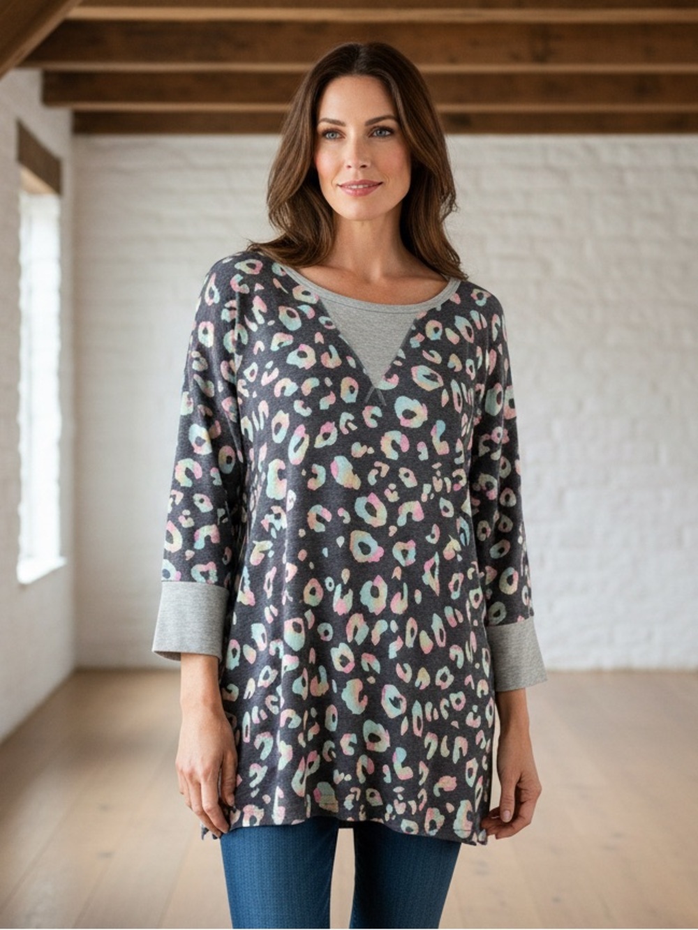Dear Scarlett Soft & Cozy Pastel Animal Print Tunic Top Cuffed 3/4 Sleeve